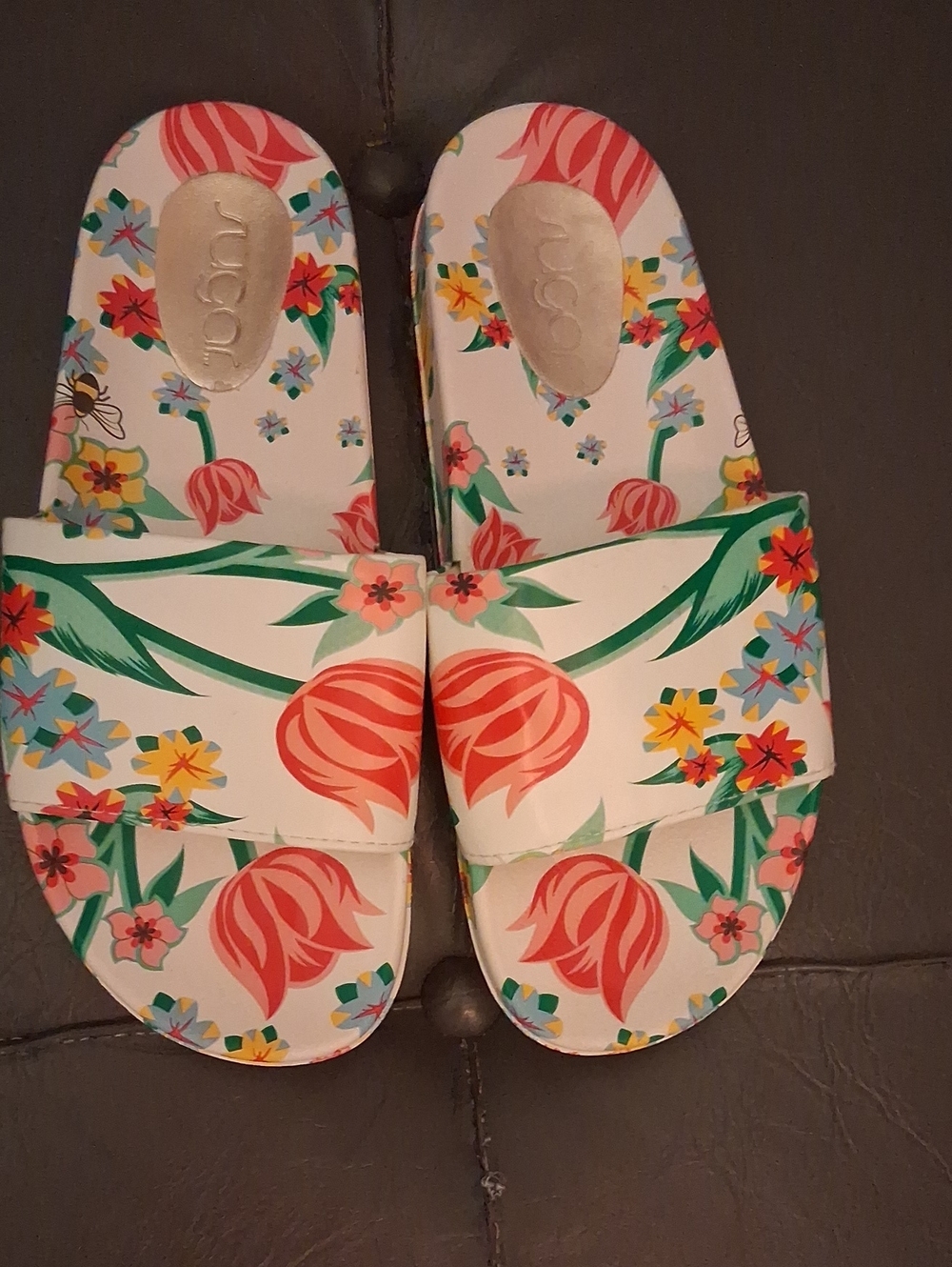 Sugar Floral Slide Sandals - White with Coral Tulip Print / Sz. 8 Never Worn.